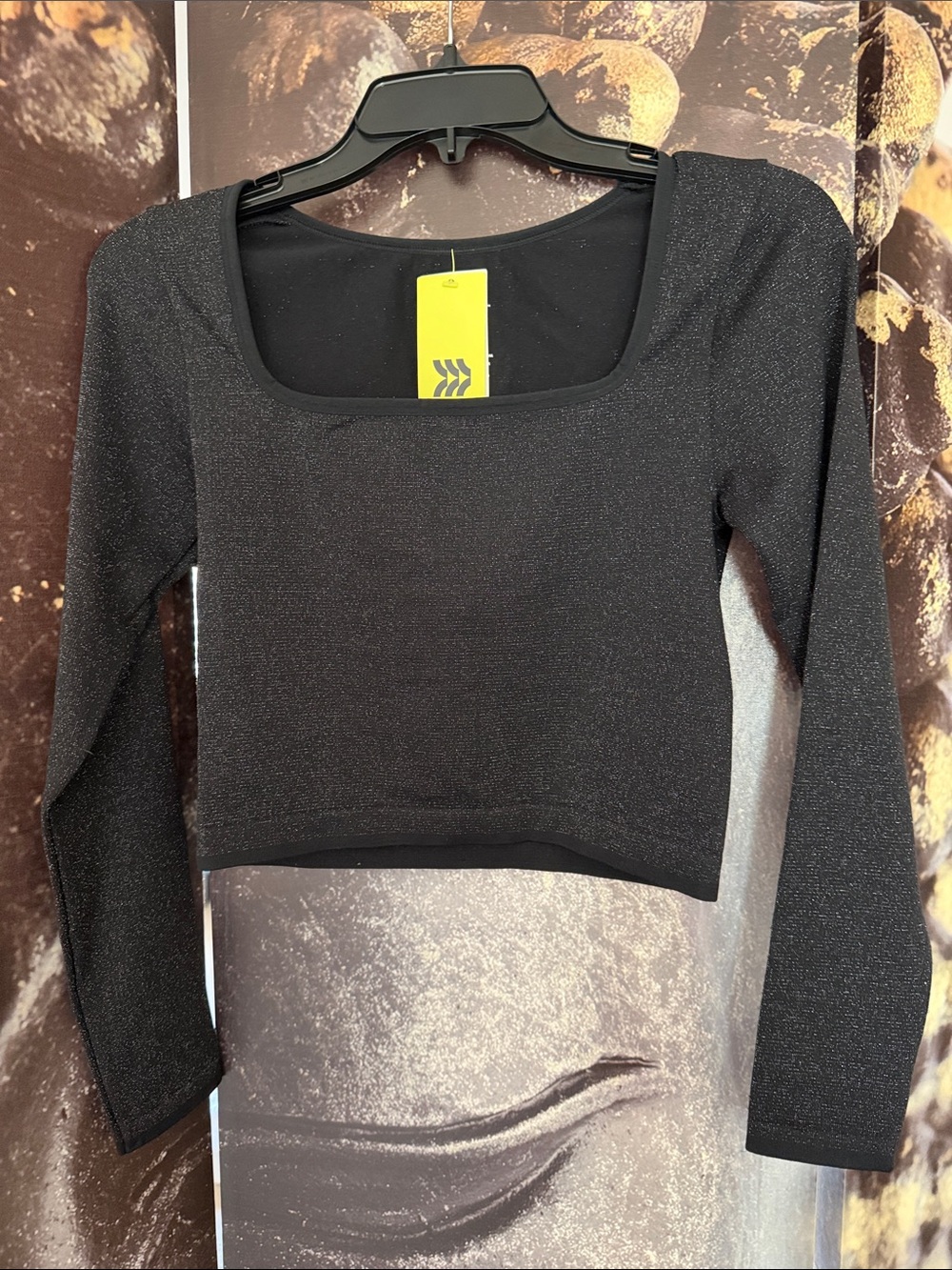 All in Motion Black Sparkle Square-Neck Long Sleeve Crop Top